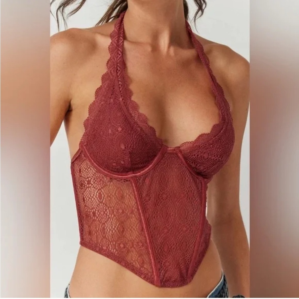 Urban Outfitters Burgundy Lace Halter Bralette Bodysuit